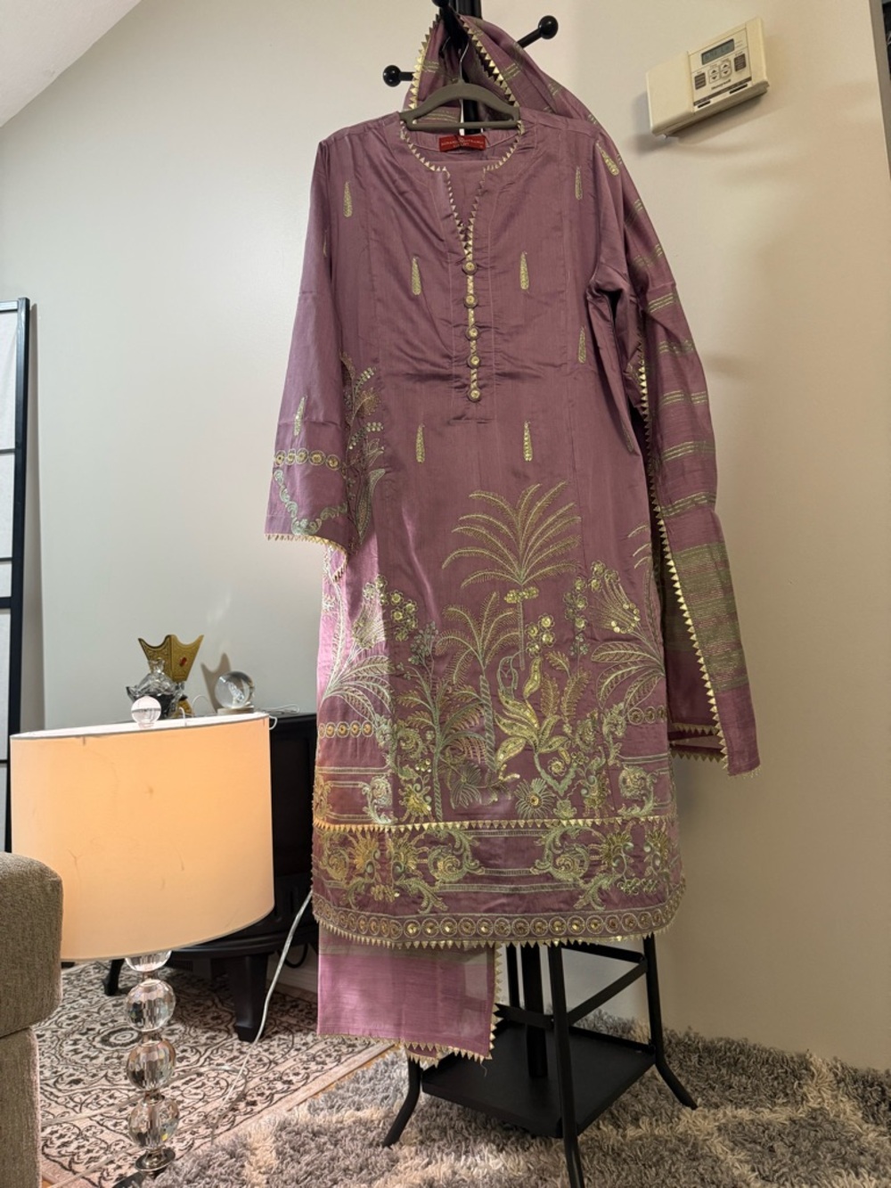 Elegant Mauve Embroidered Women’s Dress with Gold Motif